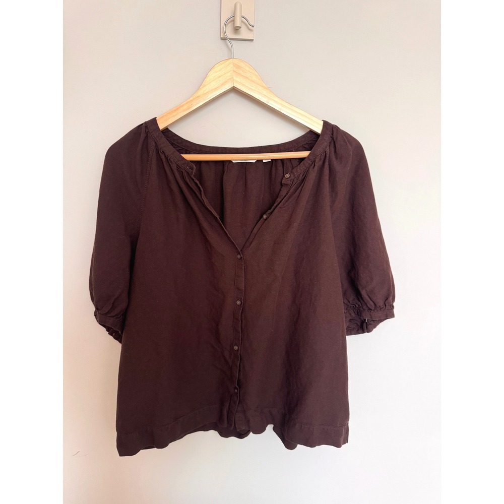 UNIQLO | Volume Sleeve Blouse Womens L Dark Brown Linen Blend Oversized Top